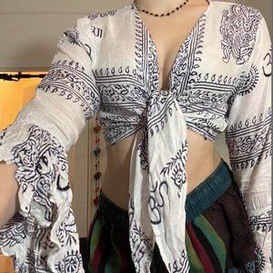 Women's White Long Sleeve Lared Tapestry Tie front Crop-top